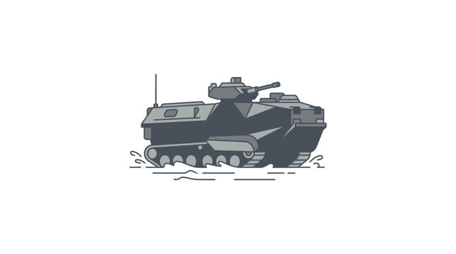 Military amphibious assault vehicle floating in water side view.
