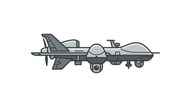 Military combat drone with camera turret side view icon.