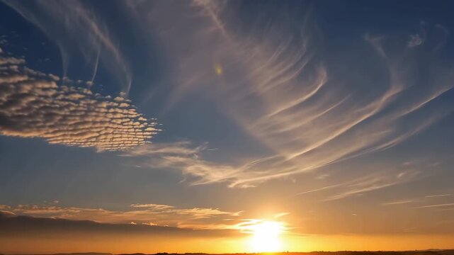 Sunset light illuminating wispy cirrus clouds in a dramatic blue and orange twilight sky