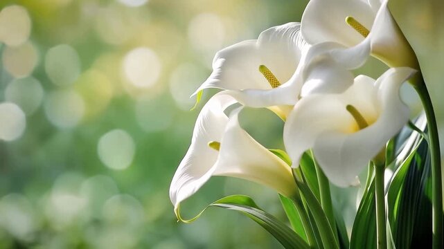 White calla lily flowers blooming with green leaves against a soft bokeh background