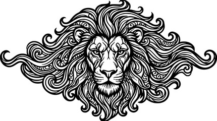 Obraz premium Lion with Intricate Swirling Mane Design in Black and White Featuring Detailed, Artistic, Vector with Illustration and Animal Elements for Wild