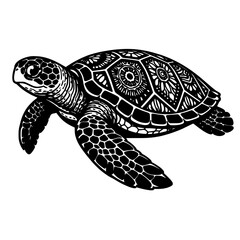 Naklejka premium Turtle with Intricate Patterned Shell in Black and White Illustration Featuring Marine Life, Ocean Animal, Detailed with Artistic and Nature Elements