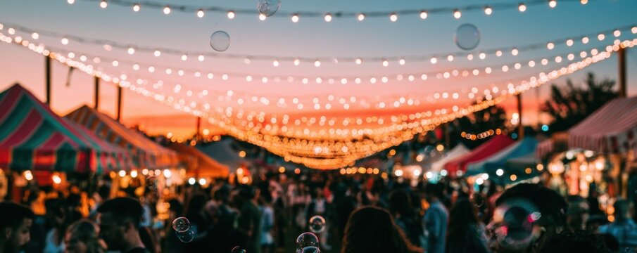Bustling outdoor festival at twilight with a crowd of people gathered under glowing string lights and market tents during sunset