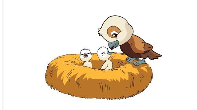 Cartoon mother eagle feeding her cute hungry chicks in a nest vector illustration. Happy bird family