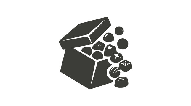 Open box of assorted chocolates spilling out, simple icon illustration