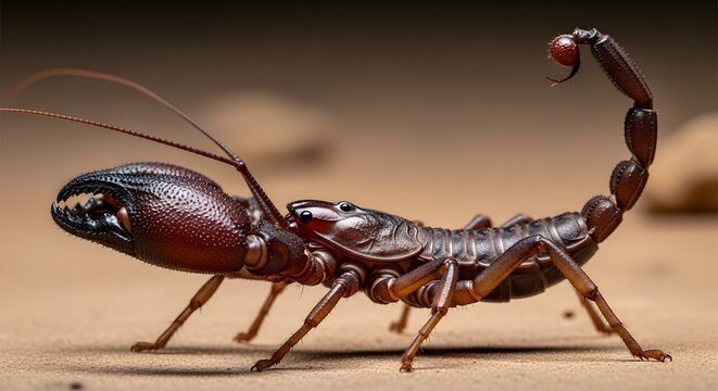 Solifugae arachnid with large pincers on sandy ground during daylight with shallow depth of field