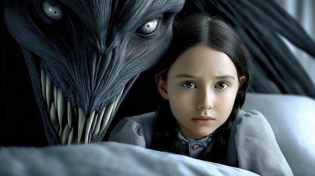 Girl with terrifying creature in the dark. A scene full of tension and subliminal fear, AI generated