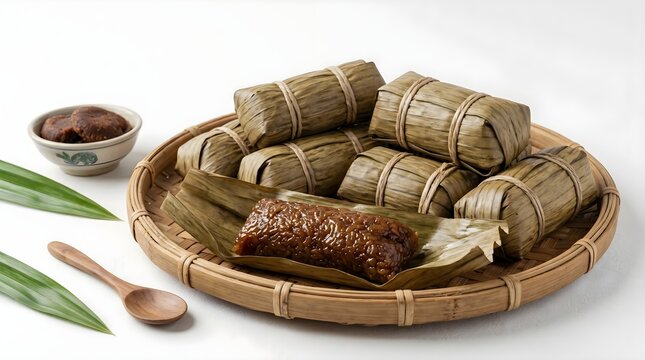 Traditional Indonesian sweet sticky rice cake baje bandong wrapped in banana leaves on basket