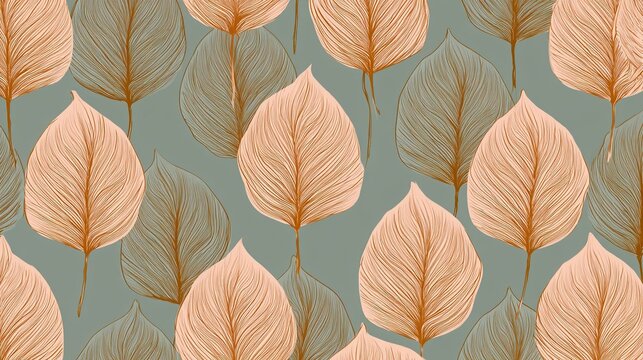 Tileable seamless leaf pattern with pale orange veined hand drawn foliage and stems on muted greenish gray backdrop, staggered overlapping earthy soft toned botanical illustration