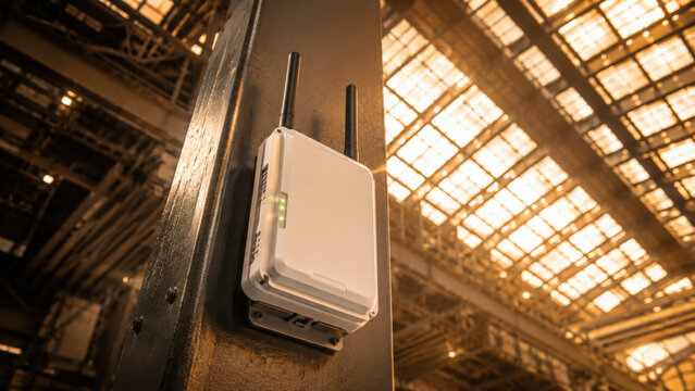 Wireless access point mounted on pillar in spacious industrial setting, showcasing modern technology in well lit environment
