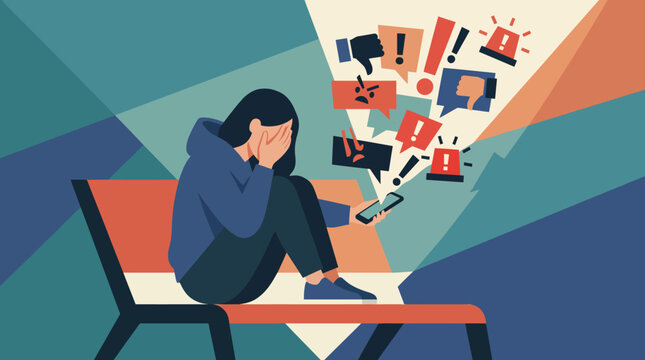 Editorial Style Illustration of Crying Woman Facing Cyberbullying and Negative Comments on Smartphone