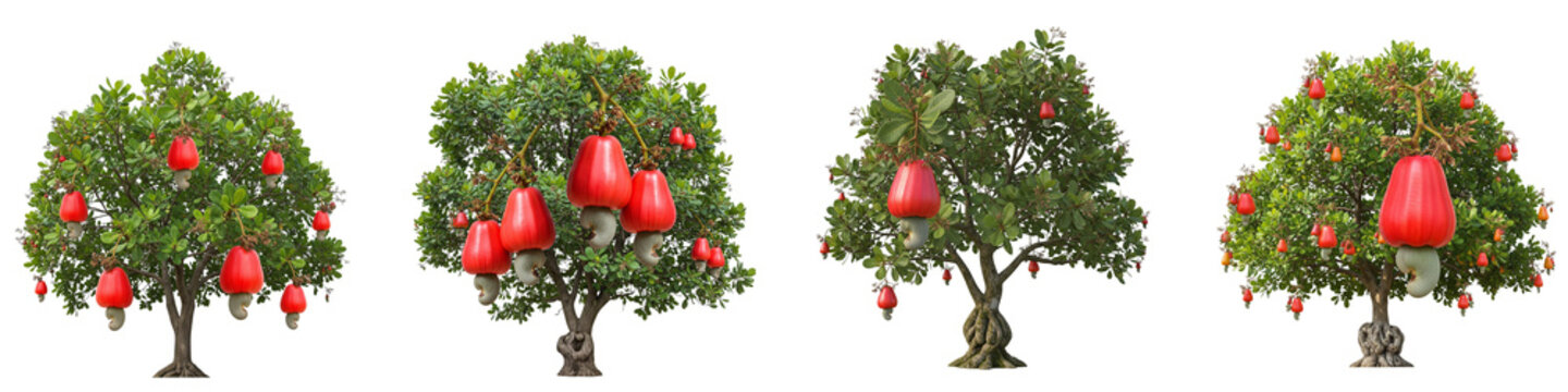 Set of four cashew trees with red ripe fruits isolated on black background
