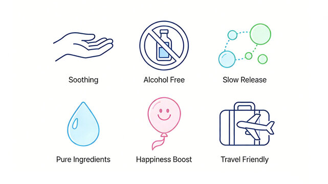 Six portable skincare icons, representing the concept of alcohol free sustained-release and enjoyable portability, suitable for personal care labels on travel gear.

