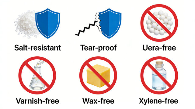 Six material performance icons represent the concept of salt resistance, tear resistance, and no harmful chemical additives, suitable for marking building material coatings.
