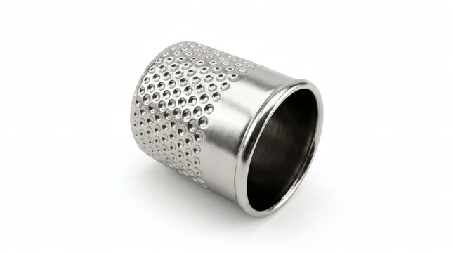 Close up of a shiny metal sewing thimble with dimpled texture on a white background