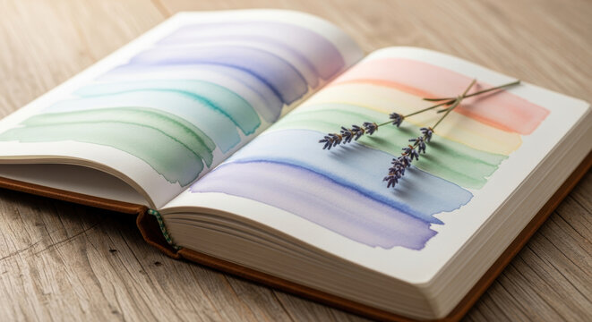 Watercolor sketchbook journal lavender sprig mental health awareness calm colorful painting peaceful creative space