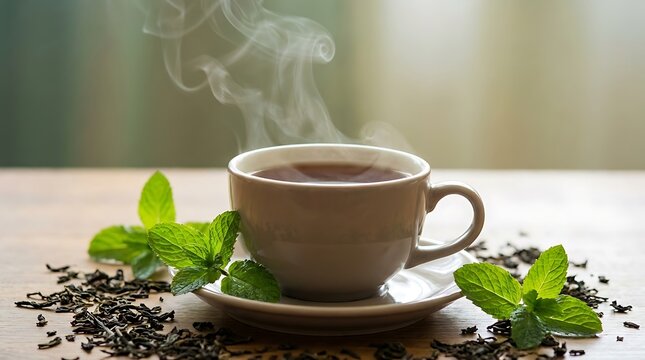 A hot cup of fresh peppermint tea with green mint leaves illustration
