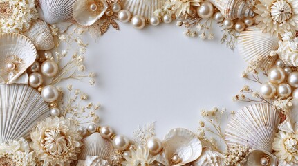 Fototapeta premium Christmas seashell wreath with pearls and ornaments on white