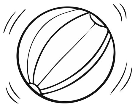 Black and white illustration of a beach ball bouncing, isolated on white background