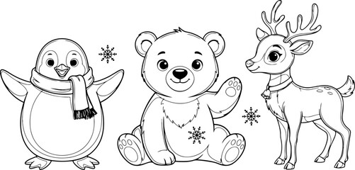 Cute cartoon penguin wearing scarf teddy bear and reindeer with snowflakes during winter season © Kamal