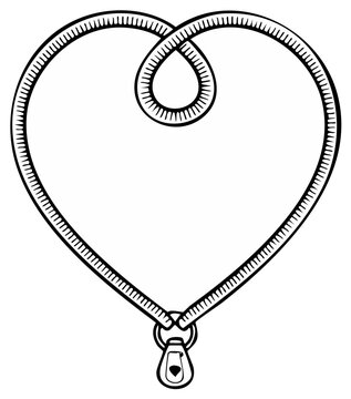 Hand-drawn illustration of heart shape made from zipper with pull tab. Love symbol. Graphic art for romantic concepts and fashion design. Isolated element on white background.