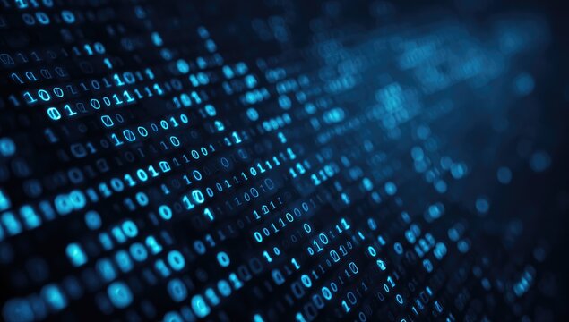 An artistic representation of digital data, visualized as binary code, flowing dynamically across a dark blue gradient background. A sense of technological activity
