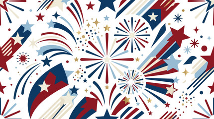 Fototapeta premium Patriotic seamless pattern with red white and blue fireworks and stars on white background. EPS Editable