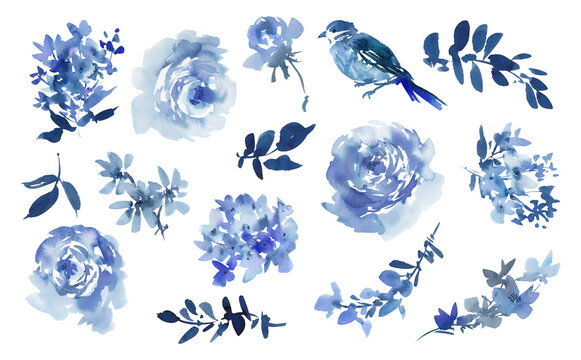 atercolor floral PNG clipart set with abstract hand painted dusty blue roses, wild flowers and little bird for pattern, stationary, wedding invitation and surface design