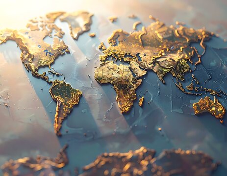 A 3D world map with gold accents on a blue background