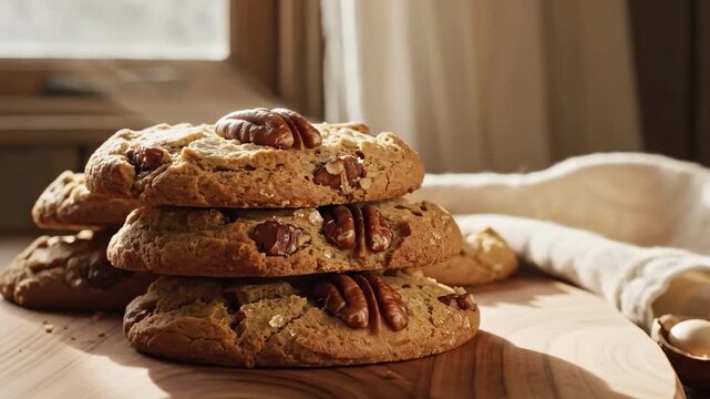 Thick pecan cookies stacked on a round wooden board by a sunlit window, presenting a quiet pecan cookie day scene with cracked golden surfaces, whole nuts, soft linen, and inviting farmhouse warmth