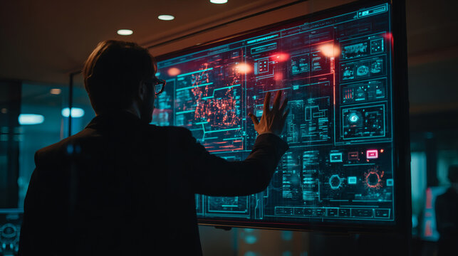 shot of a suited compliance manager gesturing to a holographic dashboard showing PDPA workflow, redaction and masking tools, biometric match scores and consent logs, modern office environment 