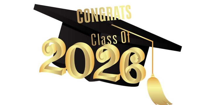 Black and gold class of 2026 Graduation design animation on black background. Party invitation, congratulation event. Video high school or college graduate cartoon with retro art deco elements.