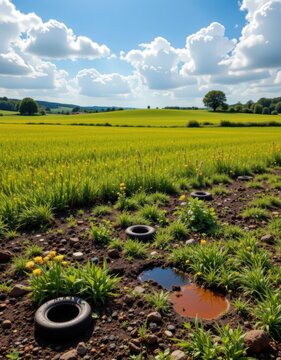 Contrasting Countryside: Lush Meadow Meets Pollution-Scarred Land with Discarded Tires and Oil Puddles