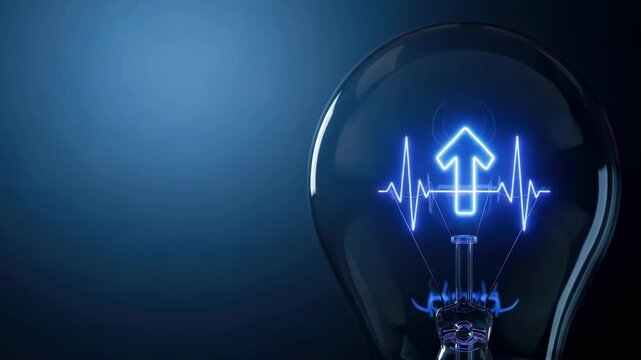 Healthcare growth statistics light bulb with neon heartbeat arrow glow on blue background showing medical innovation progress data trend