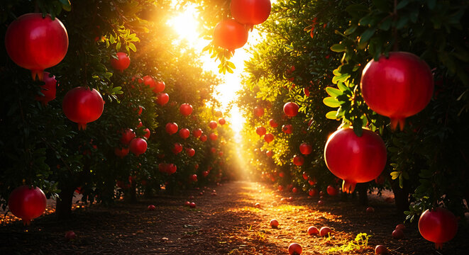Ripe red pomegranates hanging from trees in sunlit orchard path fruit