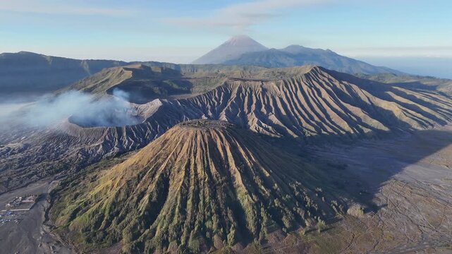 Aerial view of the volcanic complex in Bromo Tengger Semeru National Park at dawn located in East Java of Indonesia.