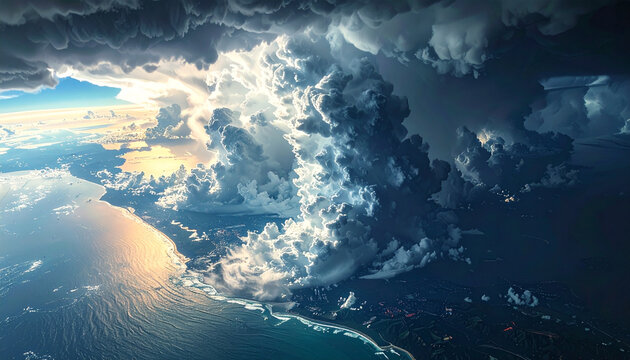 Dramatic storm system approaches coastline with high contrast clouds and cinematic realism.