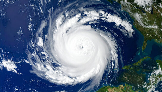 Dramatic storm vortex forms over ocean seen from space with realistic textures