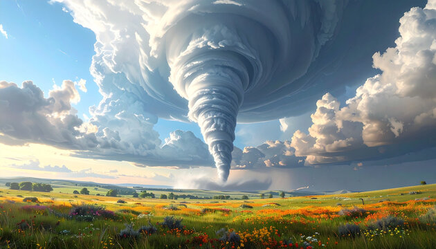 A dramatic tornado forms over a vibrant meadow beneath layered clouds in a cinematic landscape.