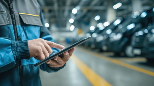 A factory worker in blue and gray overalls uses a digital tablet on an automotive assembly line