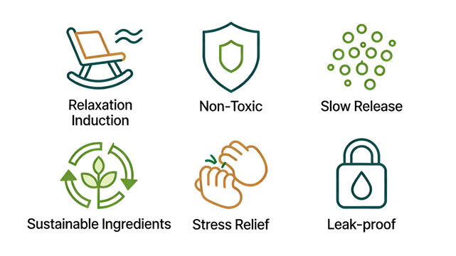 Six gradient line aromatherapy icons represent non-toxic slow-release, sustainable ingredients, stress relieving and leak proof properties, suitable for labeling home and leisure fireless aromatherapy