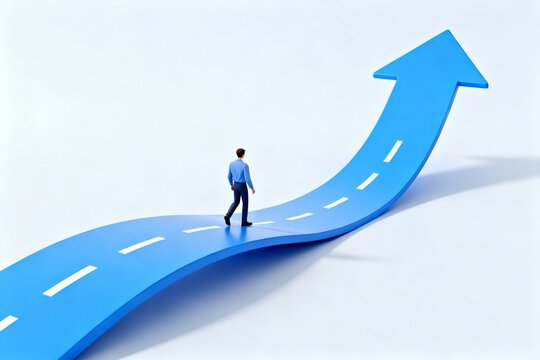 Man walking on blue arrow shaped road