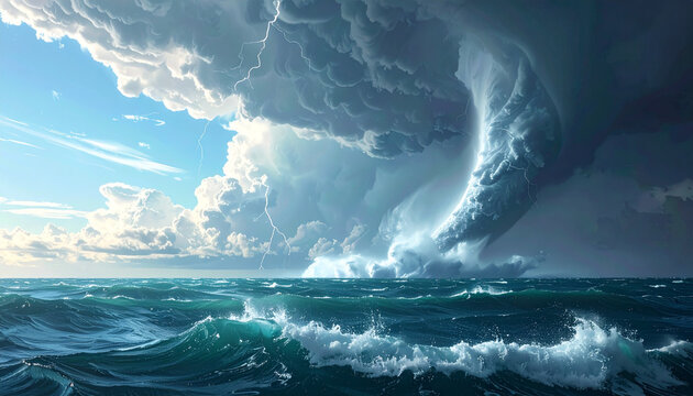 Dramatic waterspout scene unfolds with lightning storm over realistic ocean surface.