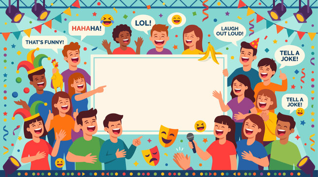 Diverse Group of Joyful People Celebrating During International Joke Day Event with Blank Space for Custom Text