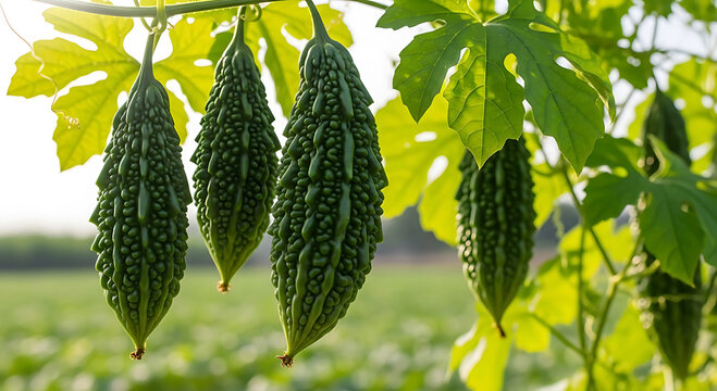 Four green bitter melons hang from a vine with green leaves gourd vegetable