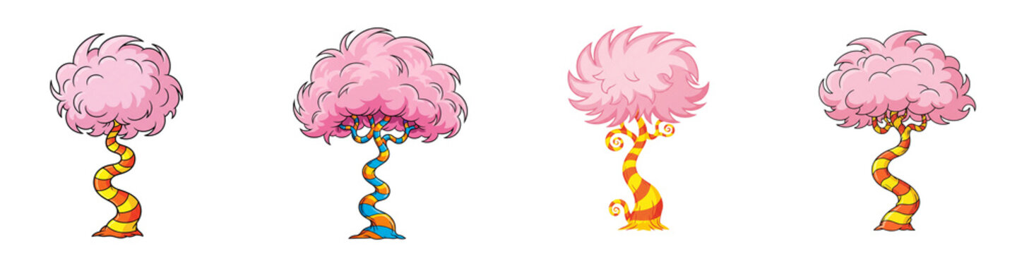 Set of four whimsical fantasy trees with pink foliage and striped trunks