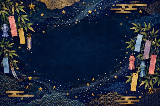 和風七夕背景イラスト 金色の星と夜空のフレームデザイン