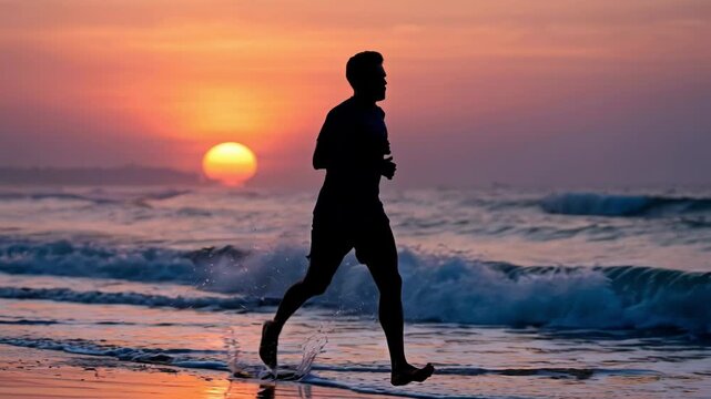 Silhouette of a man running on the beach at sunset with ocean waves and tropical palm trees in the background