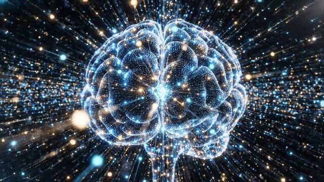 Futuristic artificial intelligence brain made of glowing neural networks and electric data connections, blue and white energy pulses flowing through billions of synapses, ultra detailed 4K motion grap