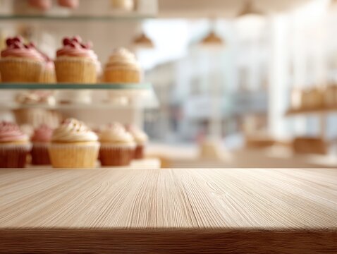 Oak wood bakery counter background with blurred pastry display for cafe menu presentation and coffee shop web banner